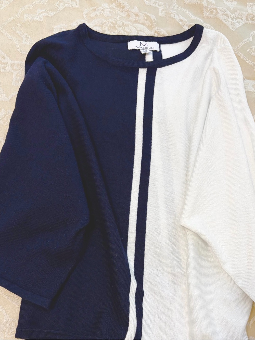 Magaschoni Navy and White Split Colorblock Crewneck Sweater